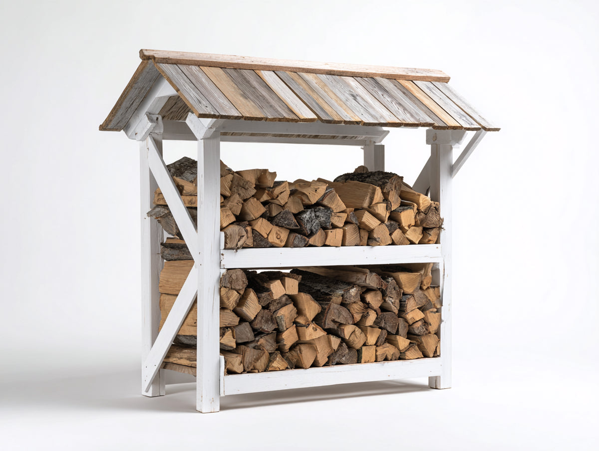 Kaminholzregal Holz 140 x 65 x 160 cm - Weiß-Natur - Überdachtes Design mit 2 Lagerebenen