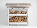 Kaminholzregal Massivholz 150x60x170 cm - Weiß und Natur - Zweistufiges Brennholzregal mit Lamellendach und offenen Seiten