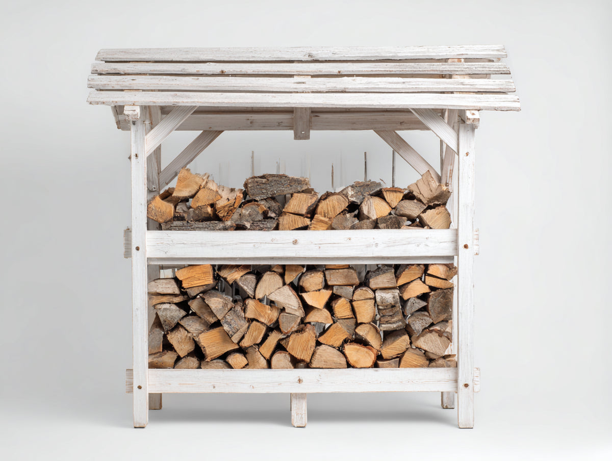 Kaminholzregal Massivholz 150x60x170 cm - Weiß und Natur - Zweistufiges Brennholzregal mit Lamellendach und offenen Seiten