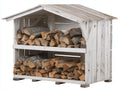 Kaminholzregal Massivholz 180x70x170 cm - Weiß und Natur - Zweistufiges Brennholzregal mit Satteldach und Seitenwänden