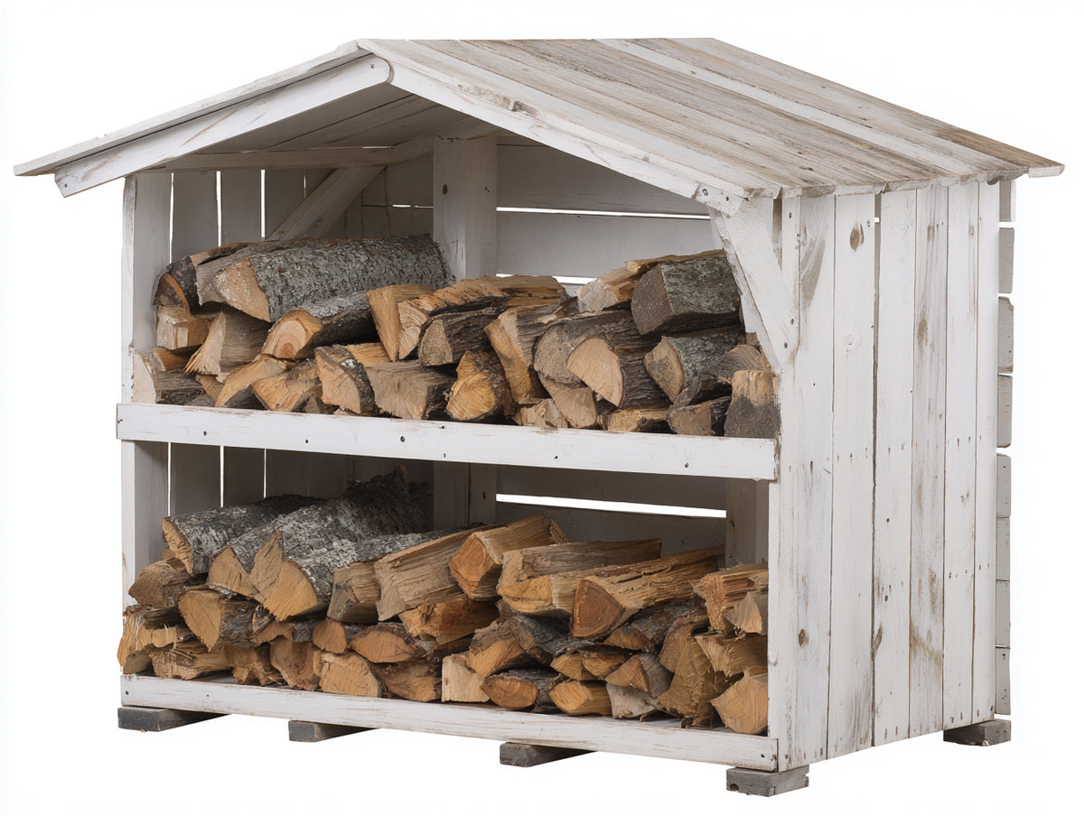 Kaminholzregal Massivholz 180x70x170 cm - Weiß und Natur - Zweistufiges Brennholzregal mit Satteldach und Seitenwänden