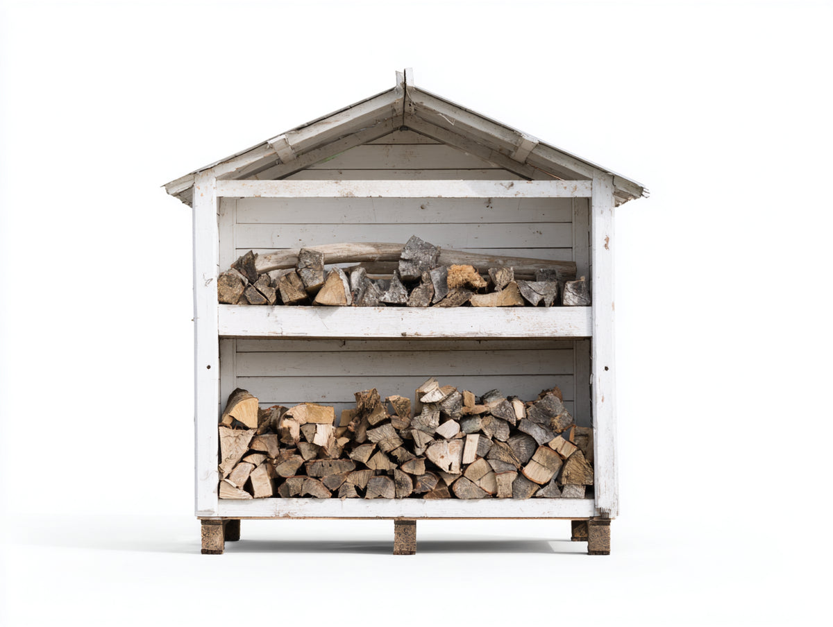 Kaminholzregal Massivholz 140x60x180 cm - Weiß und Natur - Zweistufiges Brennholzregal mit Satteldach und Rückwand