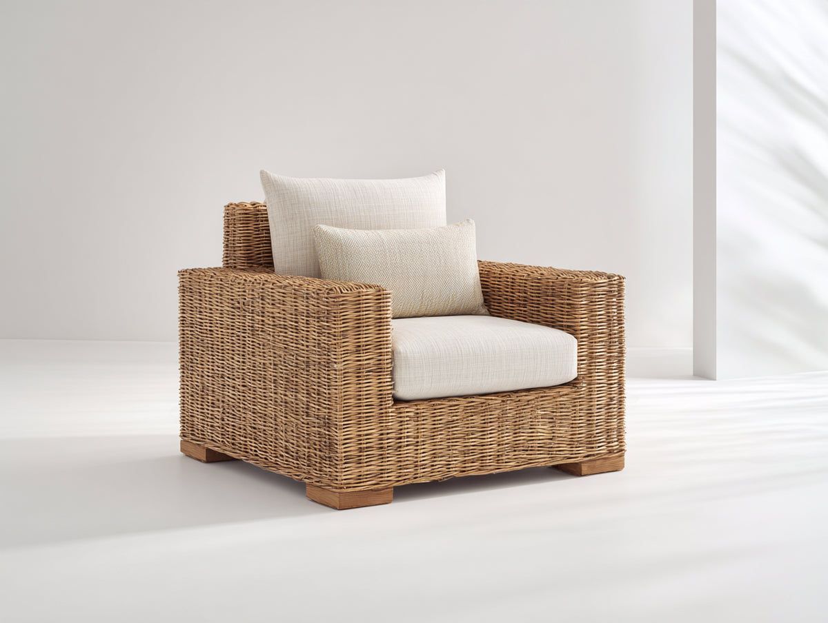 Polyrattan Gartensessel Polyrattan Holz und Stoff 95x90x85 cm - Naturbraun und Cremeweiß - Gepolsterter Gartensessel mit breiten Armlehnen