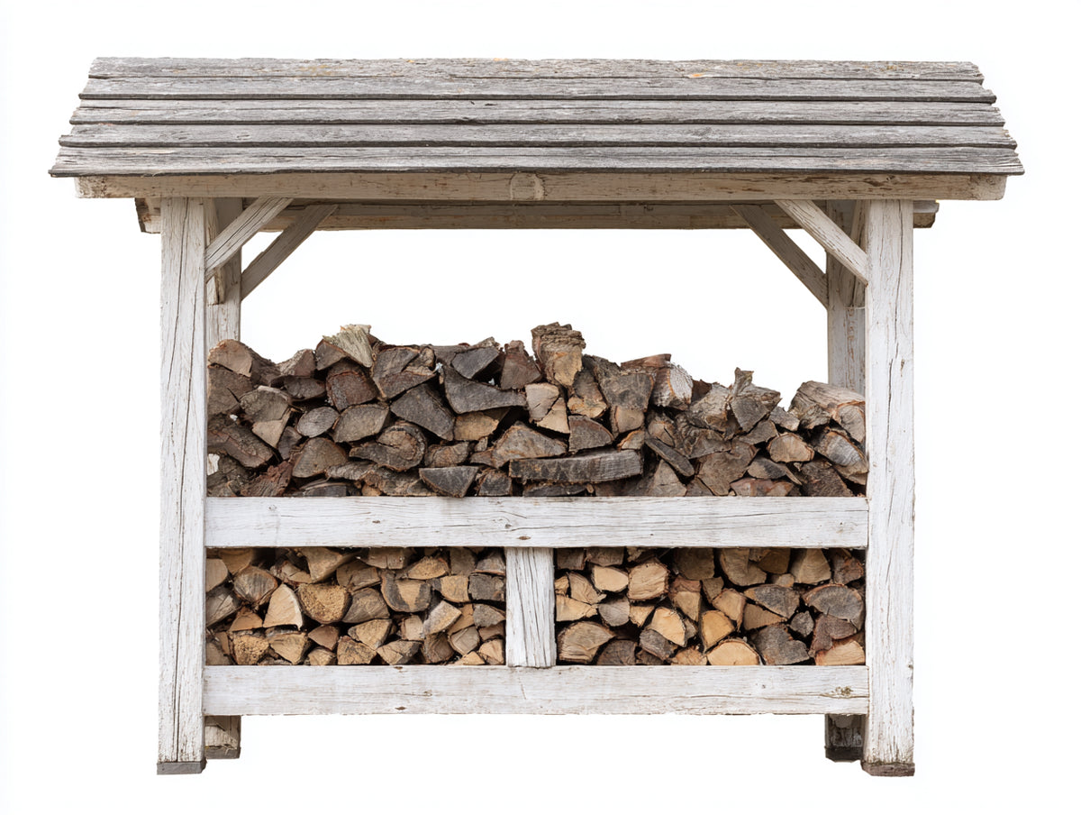 Kaminholzregal Massivholz 160x60x170 cm - Weiß und Natur - Zweistufiges Brennholzregal mit Lamellendach und offener Konstruktion