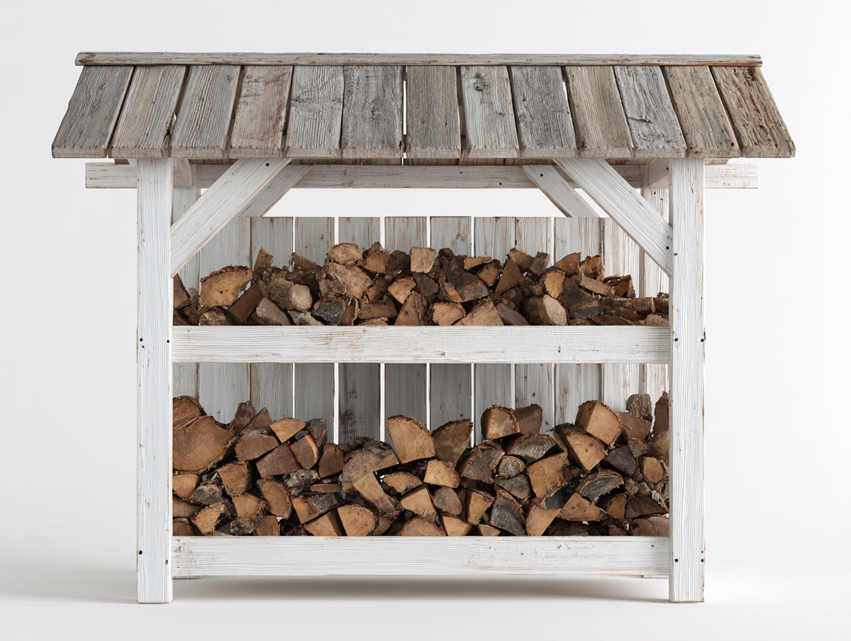 Kaminholzregal aus Holz 170x60x160 cm - Weiß-Grau - Mit Satteldach und 2 Lagerbereichen für den Außenbereich