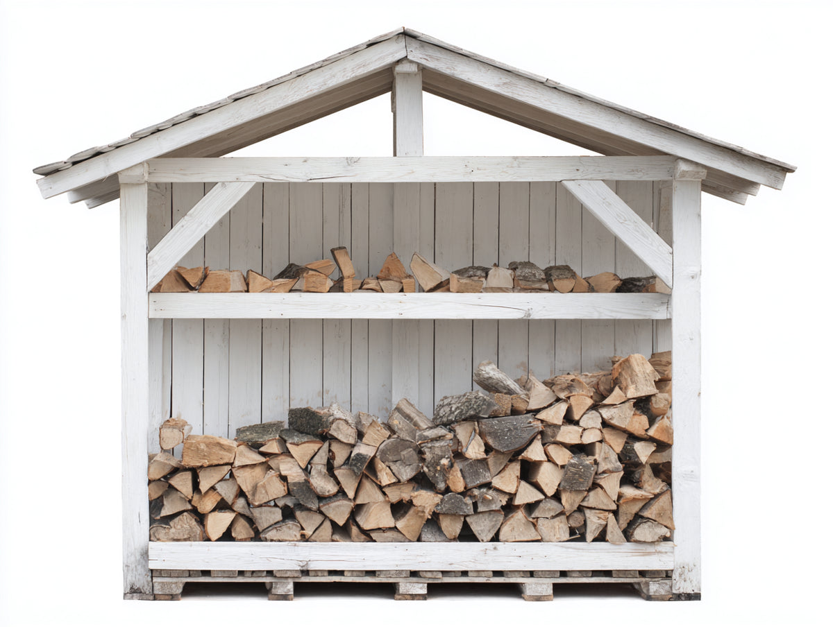 Kaminholzregal aus Holz 180x60x180 cm - Weiß - Mit Satteldach und 2 Lagerbereichen für den Außenbereich