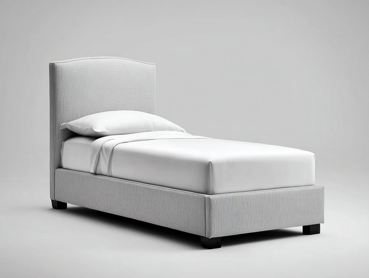Einzelbett mit Stoffbezug 200 x 100 x 110 cm - Hellgrau-Schwarz - Gepolstertes Kopfteil mit leicht geschwungener Oberkante