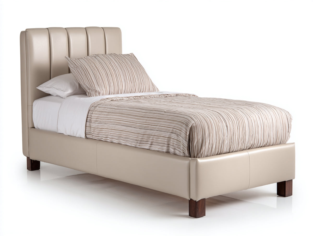 Einzelbett Kunstleder und Holz 210x100x95 cm - Beige und Dunkelbraun - Modernes Polsterbett mit vertikal gepolstertem Kopfteil