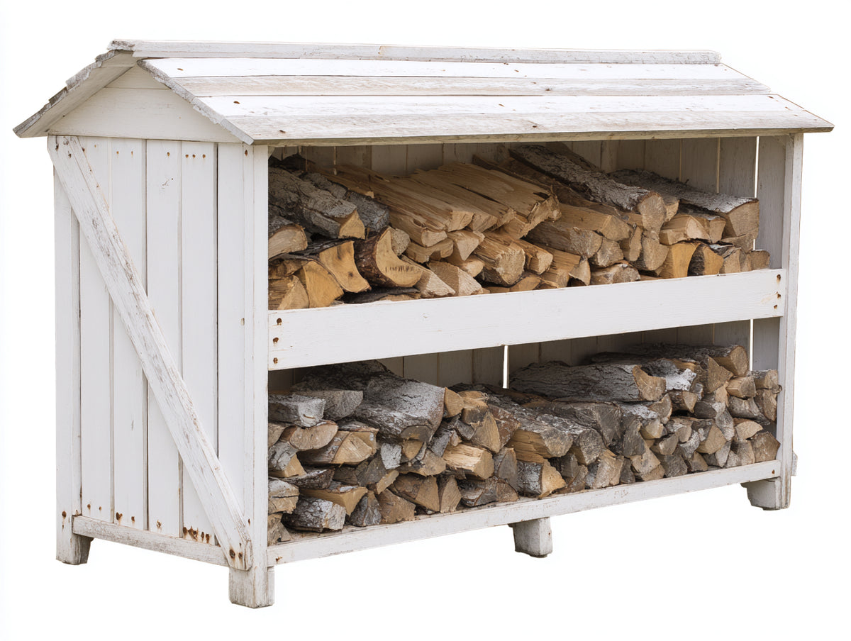 Kaminholzregal aus Holz 180x60x140 cm - Weiß - Mit Satteldach und 2 Lagerbereichen für den Außenbereich