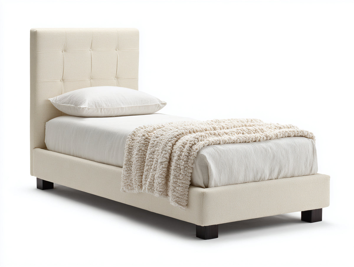 Einzelbett mit Stoffbezug 200 x 100 x 110 cm - Creme-Dunkelbraun - Gepolstertes Kopfteil mit Knopfheftung