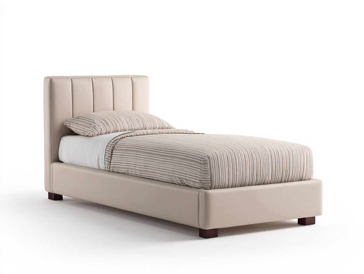 Einzelbett mit Stoffbezug 210x105x100 cm - Beige-Dunkelbraun - Gepolstertes Kopfteil mit vertikaler Steppung im modernen Design
