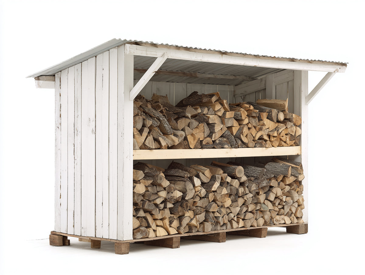 Kaminholzregal aus Holz 180x70x180 cm - Weiß - Mit Pultdach und 2 Lagerbereichen für den Außenbereich