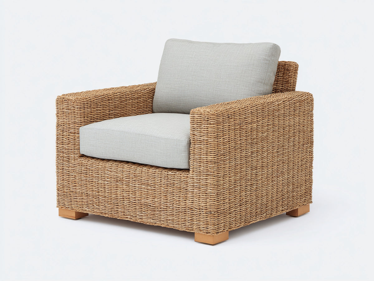 Polyrattan Gartensessel 90x85x80 cm - Naturbraun-Hellgrau - Breite Armlehnen und gepolsterte Sitzfläche im natürlichen Design
